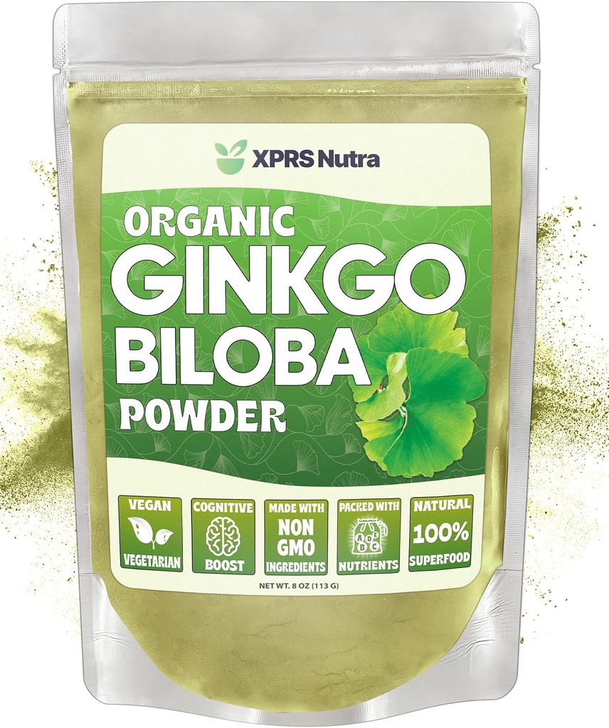 XPRS Nutra Organik Ginkgo Biloba Powder - Gingko Bilosa Suplemen untuk Kognition - Vegan Friendly Ginkoba Biloba Organik - kekebalan Boosting Ginkgo Biloba Powder (8 oz)