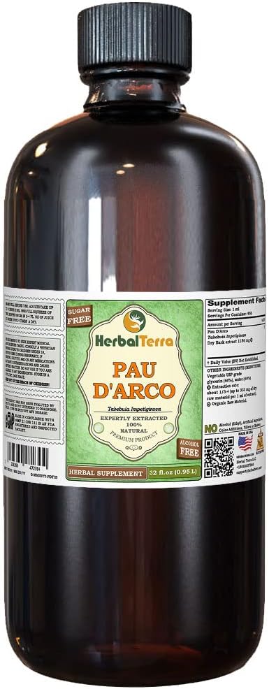 PAU d 'arco (Tabebuia Impetiginosa) Glycerite, Dried Bark Alcohol- Free Liquid Extract (Nama Merek: HerbalTerra, Proudly Made in USA) 32 f.oz (0.95 l)