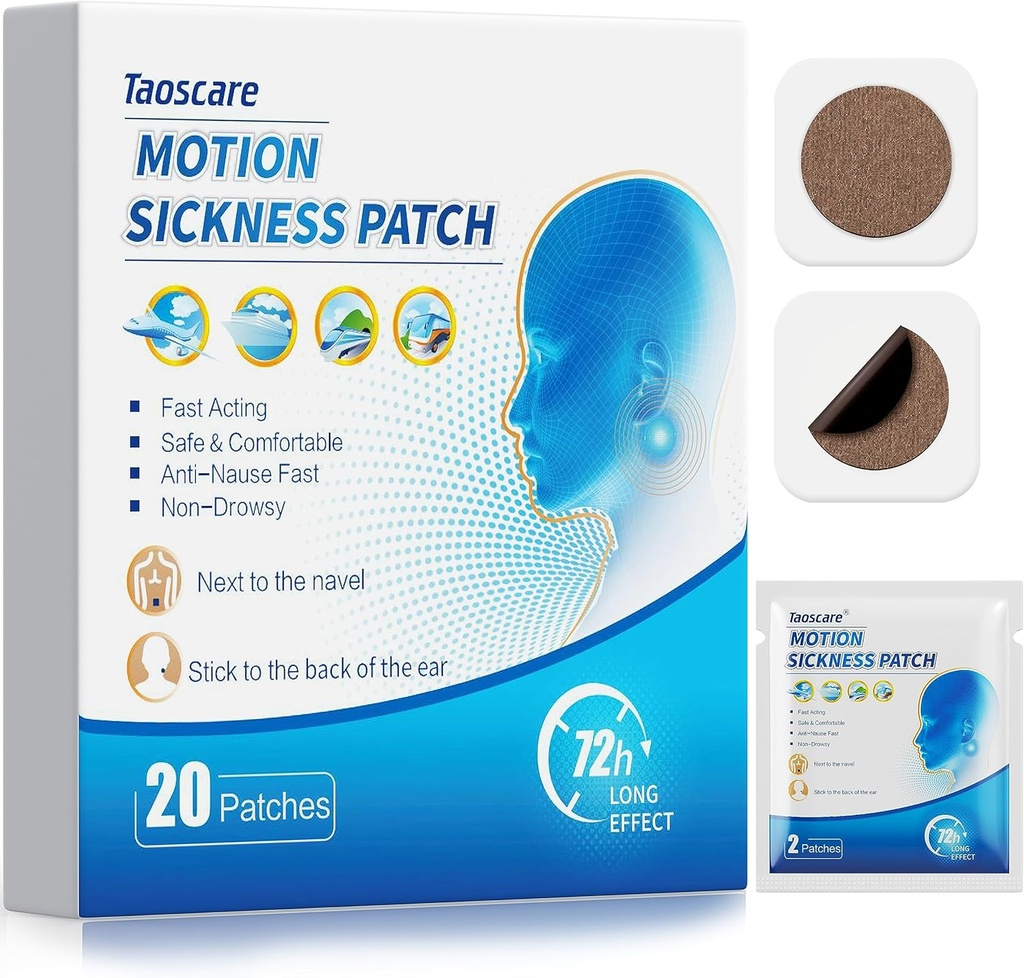 Motion Sickness Patch, Sea Sickness Patch for Kids and Adults with Travelling Friendly Packets, Travel Estials for Cruise / Car / Airplane / Amusement Park Trip (20 Patch)