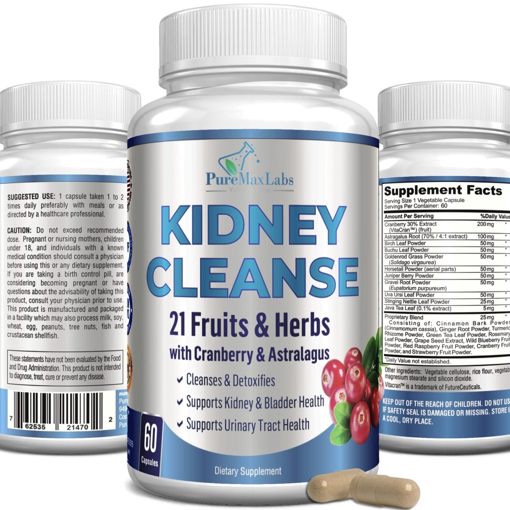 Herbal Kidney Cleanse dengan Cranberry Extract, Astralagus - 21 Fruits & Herbs - Detox & Cleanse Urinary Tract & Bladder Health, Ginjal Dukungan, 60 Vegan Capsules