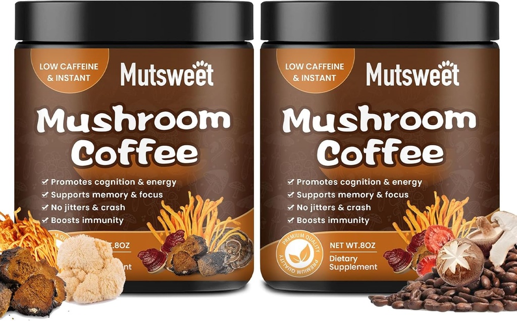(2 Kemas) Jamur Kopi untuk Smoothies / Latte, Mushroom Powder Blend (57 Hamba) dengan Lions Mane, Reishi, Cordyceps, Turkey Tail, Chaga - Mashroom Suplemen Energi, Fokus, Immune- 8 oz