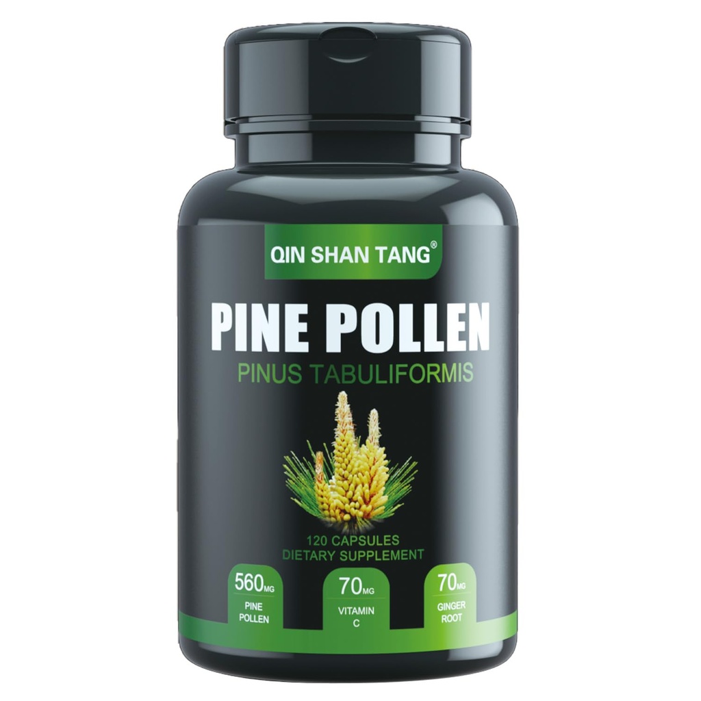 Pine Pollen Supplement wtuh Ginger Root dan Vitamin C, 99% Cell Wall, 120 Vevgie Capsules Focus Imune Improve for Women and Men