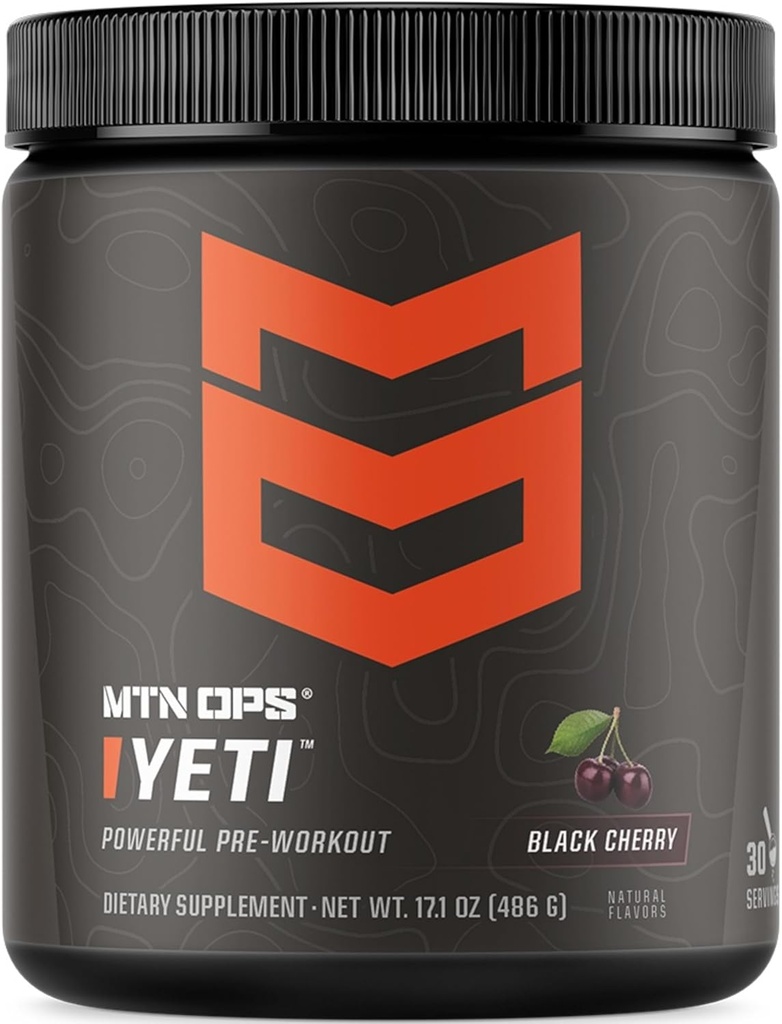 MTN OPS Yeti Pre- Workout Powder Energy Drink with Creatine, 200mg Caffeine & BCAAs with Beta Alanine, 30- Serving Tub, Black Cherry