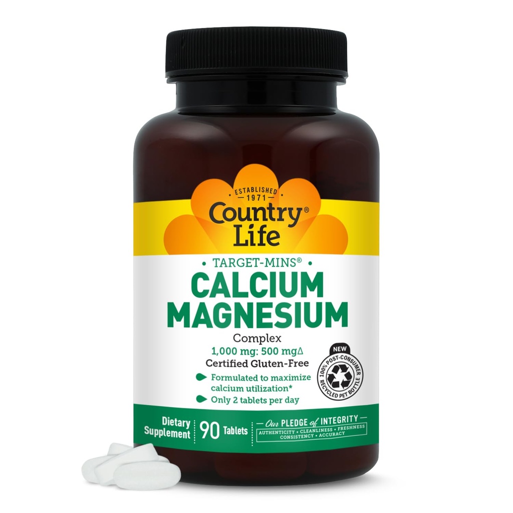 Country Life Target- Mins Kalsium Magnesium Kompleks 1000mg / 500mg, 90 Tablet, Gluten Bebas, Vegan Sertifikasi, Diverifikasi Tidak-GMO Diverifikasi