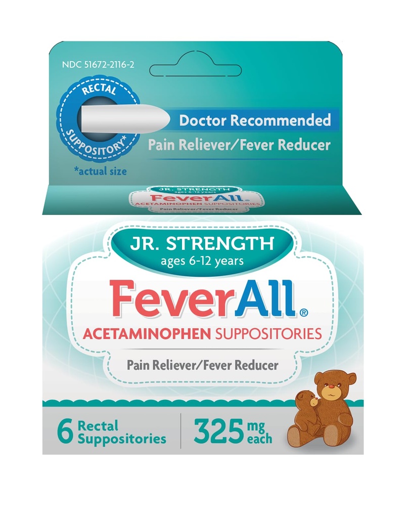 Feverall Children Acetaminophen Suppotitor 6 Rectal Suplotment 325mg Setiap Reliever / Fever Reducer. Umur 6-12 Tahun