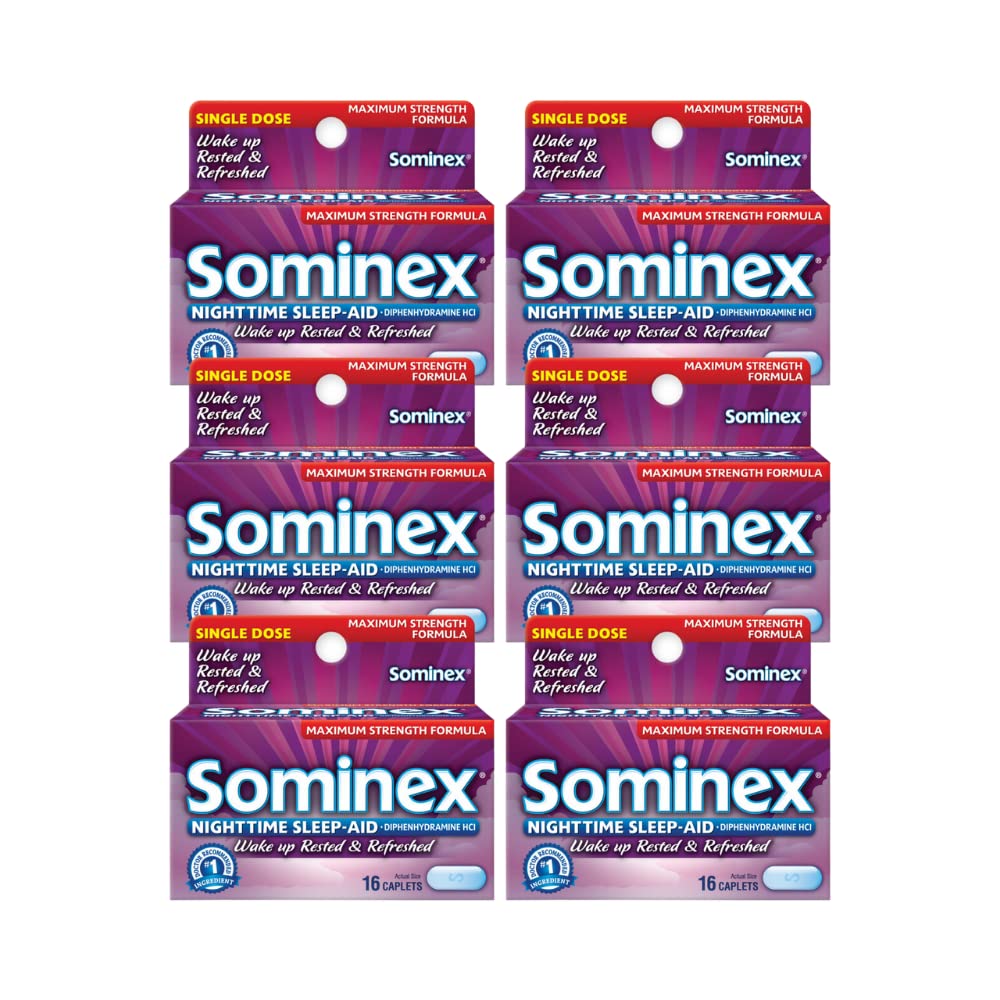 Sominex Nighttime Sleep-Aid Caplets, Maximum Strength, 16 ea (Paket 6)