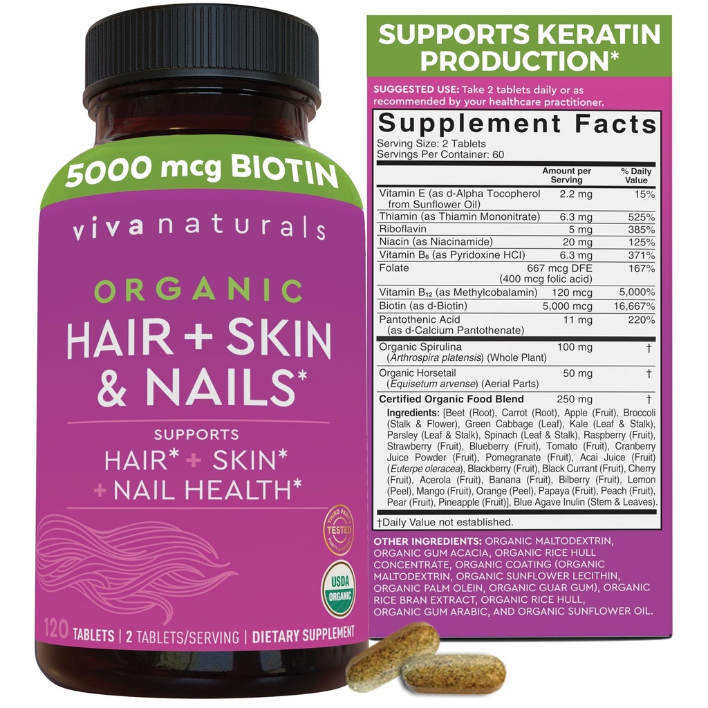 Biotin 5000 mcg Hair Skin Nails Vitamin for Women - Organic and Vegotarian - Friendly Suplemen dengan Vitamin E, B- Vitamin, Spirulina, Horse dan Superfood Blend untuk membantu Produce Keratin - 120 Count