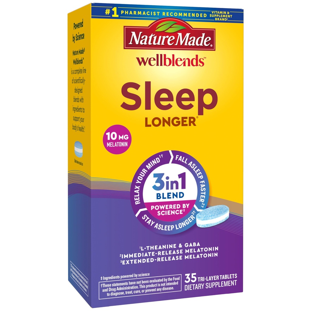 Nature Made Wellblends Sleep Longer, Melonalin 10mg, L theanine 100 mg, and GABA 100mg, Sleep Suplemen, 35 Tri- Lapis Talet