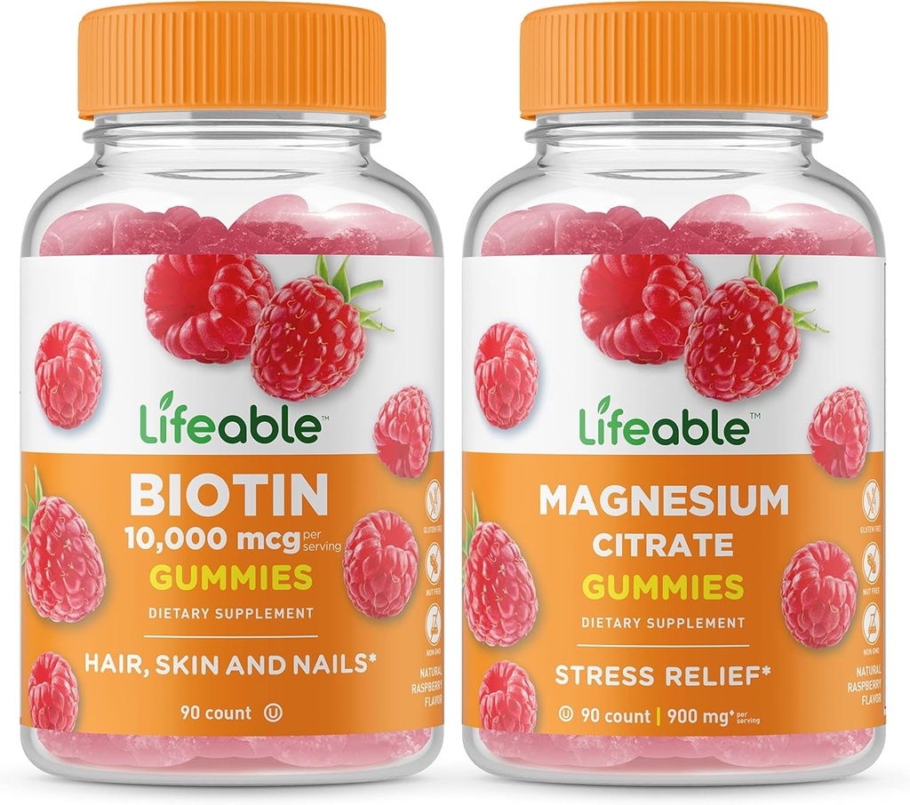 Lifeable Biotin + Magnesium, Bundle Gummies - Great Tasting, Vitamin Suplemen, Gluten Free, GMO Free, Chewable