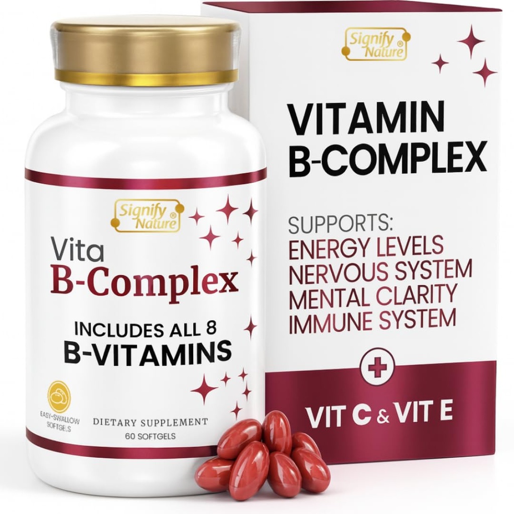 SIGNIFY NATURE VitaBComplex with Vitamin C and E, B Complex Vitamin for Women & Men, BComplex Suplemen, VIT B1, B2, B3, B5, B8, B9, B12, Super B Softgels - 60 CT