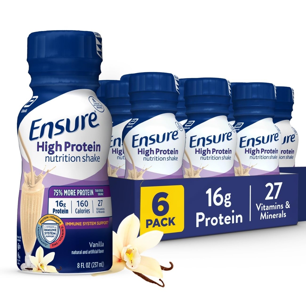 Pastikan Tinggi Protein Vanilla Shake dengan Fiber, Siap untuk Minum, Protein 16g dan 27 Vitamin dan Mineral, 8 fli oz, 6 Pack