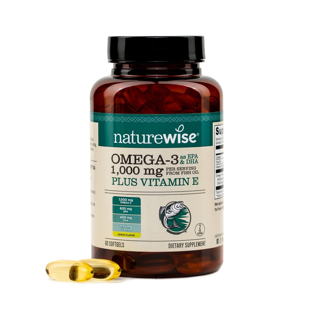 NaturreWise Extra- Kekuatan Omega 3 Fish Oil Suplement - 10000mg per Serving - 600 EPA & 400 DHA dan Vitamin E - Dukung untuk Heart & Brain Health - Lemon Flavor, GMO-Free - 60 Softgels [Persediaan 1 Bulan]