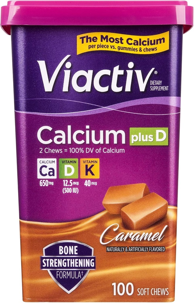 Viactiv Calcium Plus Vitamin D Suplemen lembut Chews, Caramel, 100 Cacah