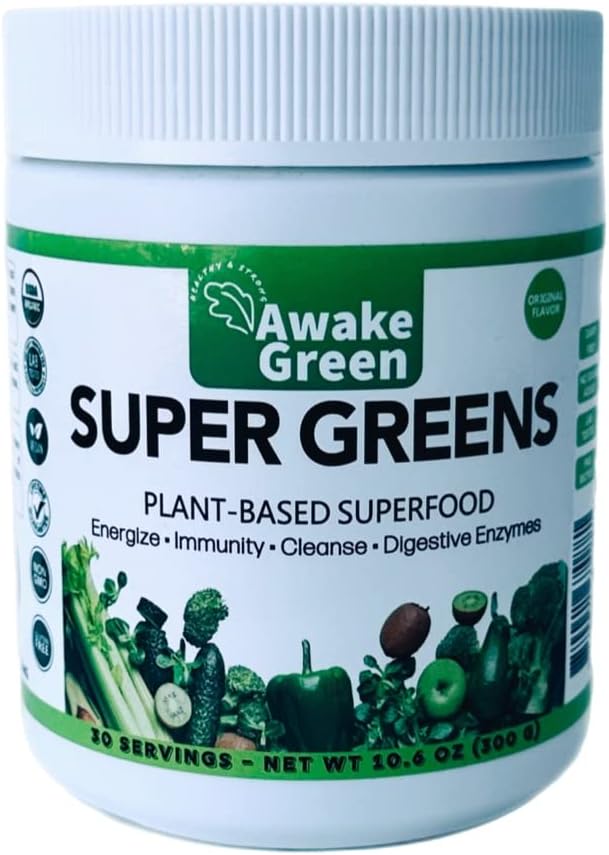 Awake Green - Super Greens - Superfood Powder - USDA Organic None-Vegan Suplement - for Digetical & Bloating Relief - 20 + Whole Foods (Spirulina, Wheat Grass, Barley), Propoles, Fiber & Enzymes