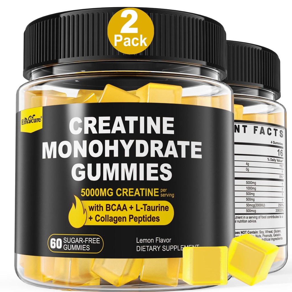 Cretine Monohydrate Gummies for Men & Women - with BCAA, Collagen Peptides, L-Taurine, Vitamin B12, D3, Chewables Creatine Monohydrate 5g Per Serving, Natural Lemon Flavor, Sugar Free, 2 Pack