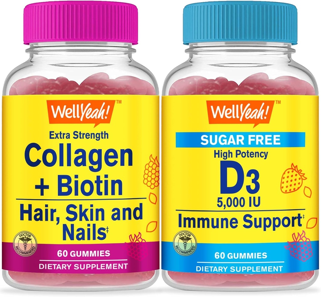 WellYeah Collagen + Biotin + Vitamin D3 5.000 IU Sugar Free, Gummies Bundle - Great Tasting, Vitamin Suplemen, Gluten Bebas, GMO Bebas, Gummy Chewable
