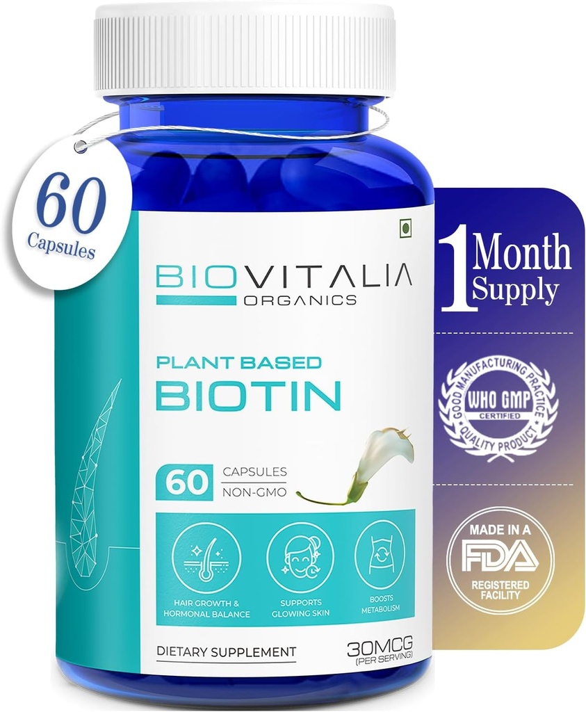 Plant Based Pure Biotin Suplement Kapsul - Dukung Nails & Hair Enriched dengan Sesbania Grandiflora Sunflower Memet Amla Beetroot - 60 Veg Capsules
