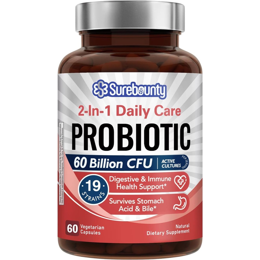 60 Milyar CFU 19 Strains untuk Pria & Perempuan, dengan 100mg Prebiotik, Shelf Stable, 2 -1 Daily Care Probiotic, Non-GMO, Digetile & Imune Health, 60 Vevgie Capsules