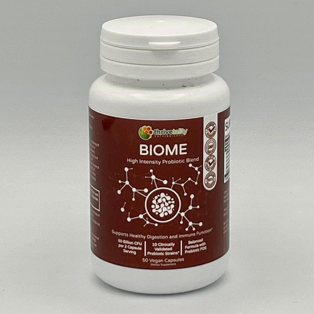 BiOME High Intensity Probiotic Blend by Thrivetic 124; # 1 Physician Formulated 124; Clinical Proven 124; 10 Validate Strains + Prebiotic 124; 50 Milyar CFU 124; Digetical & Imune Dukungan