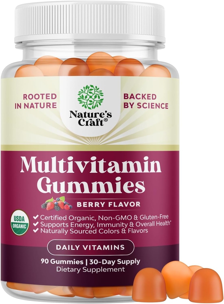 USDA Organic Multivitamin for Women and Men - Vegan Organic Multivitamin for Men Gummies with Zinc & B Complex Vitamin for Enhanced Energy Immunity & Daily Wellness - Vegan dan Non-GMO (1 Bulan)