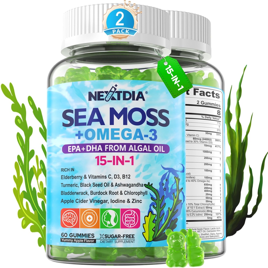 Sea Moss Gummies + Algae Omega- 3 untuk orang dewasa, 15-in-1 Organic Sea Moss Superfood dengan / Vitamin C D3 B12, Turmeric, Bladderwrack, Supports Energy, Brain, Immune, Daily Vitalitas, Sugars-Free, 120 Cts