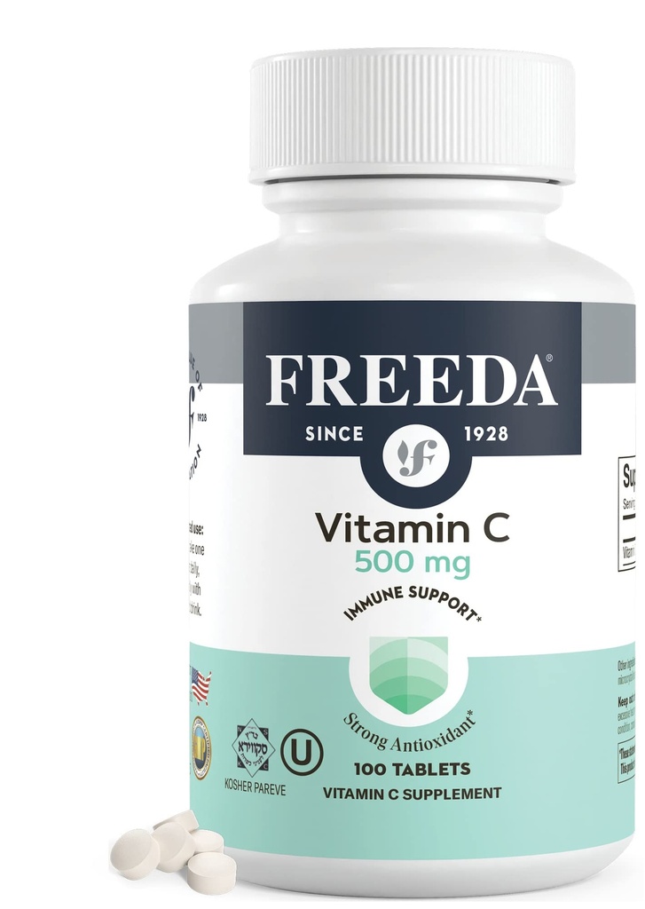 FREEDA Vitamin C - Vegan Vitamin C 500mg - Kosher - powerful Antioksidant Immune Support - Mudah untuk Swallow Vitamin C Table Aciid - Murni Vitamin C 500 mg - VIT C Tambahan (100 Count)