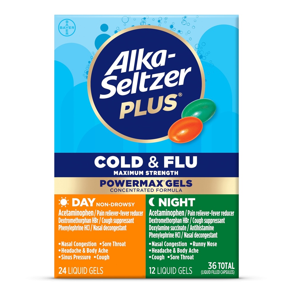 Alka- Seltzer Plus Power Max Cold & Flu Day + Night Medicine: Cough Supresant, Cold and Flu Medicine Untuk Dewasa dan Anak-anak 12 Tahun dan Tua, 36 Count, Paket May Vary