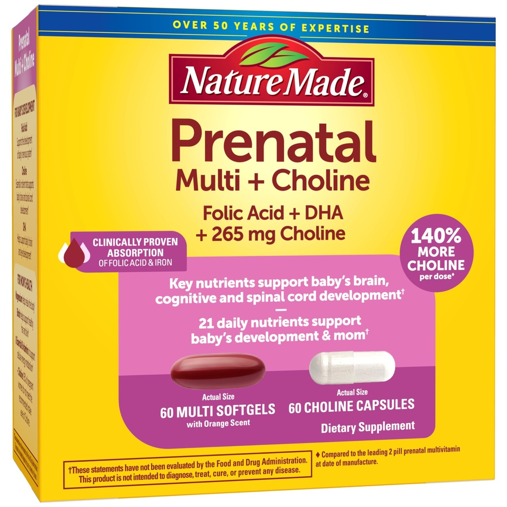 Nature Made Prenatal Vitamin Softgeels + Choline Capsules, Folic Acid + DHA + Choline, 60 Prenatal Vitamin for Women, 60 Choline Suplemen, 60 Day Supplemen