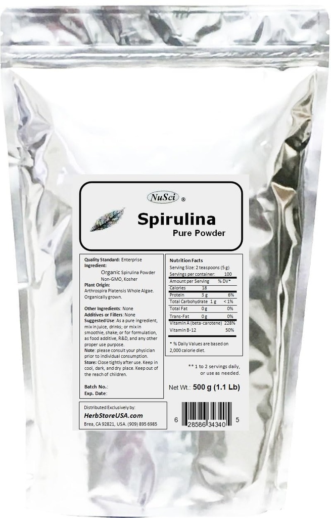 Spirulina secara organik Tumbuh 100% Pure Powder 500g (1.1 lb) Fresh GMO Free Non- Irraated