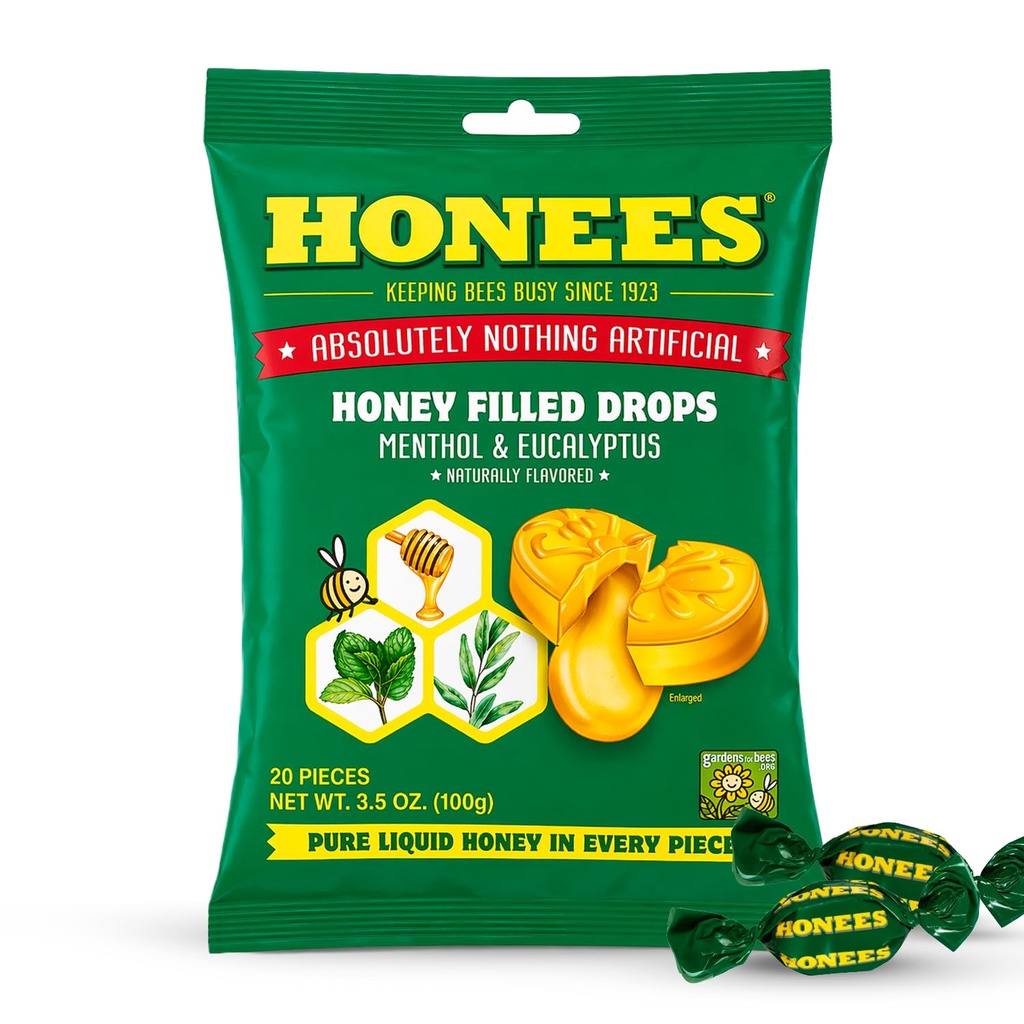 Honees Honey Menthol Cough Drops - 20- Piece, Single Pack Honey- Filed Lozenges 126; Bantuan Temporary dari Cough 124; Soothes Sore Throat 124; All Natural
