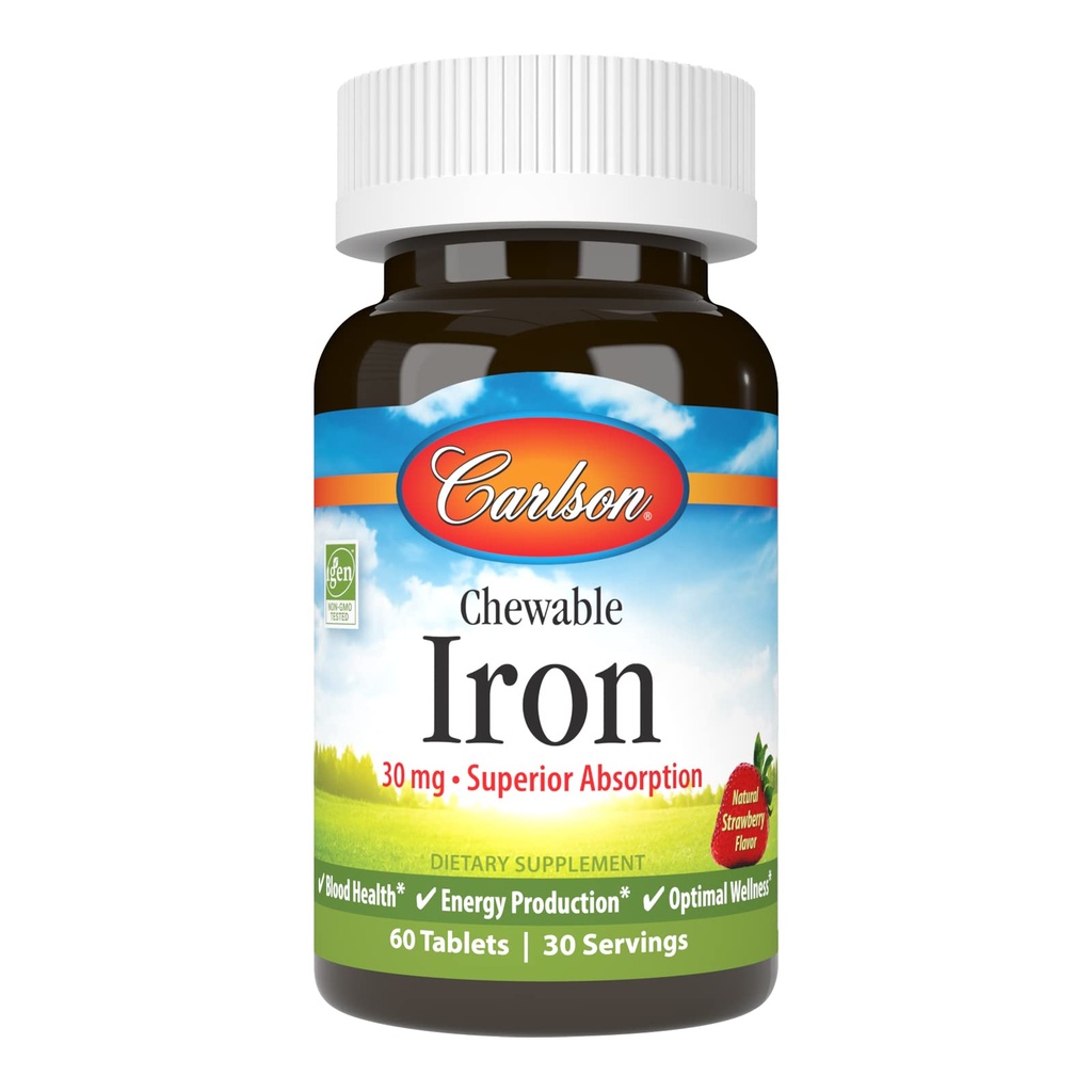 Carlson - Besi Chewable, 30 mg, Absorpsi Superior, Kesehatan Darah, Produksi Energi & Optimal Wellness, Strawberry Flavor Natural, 60 tablet