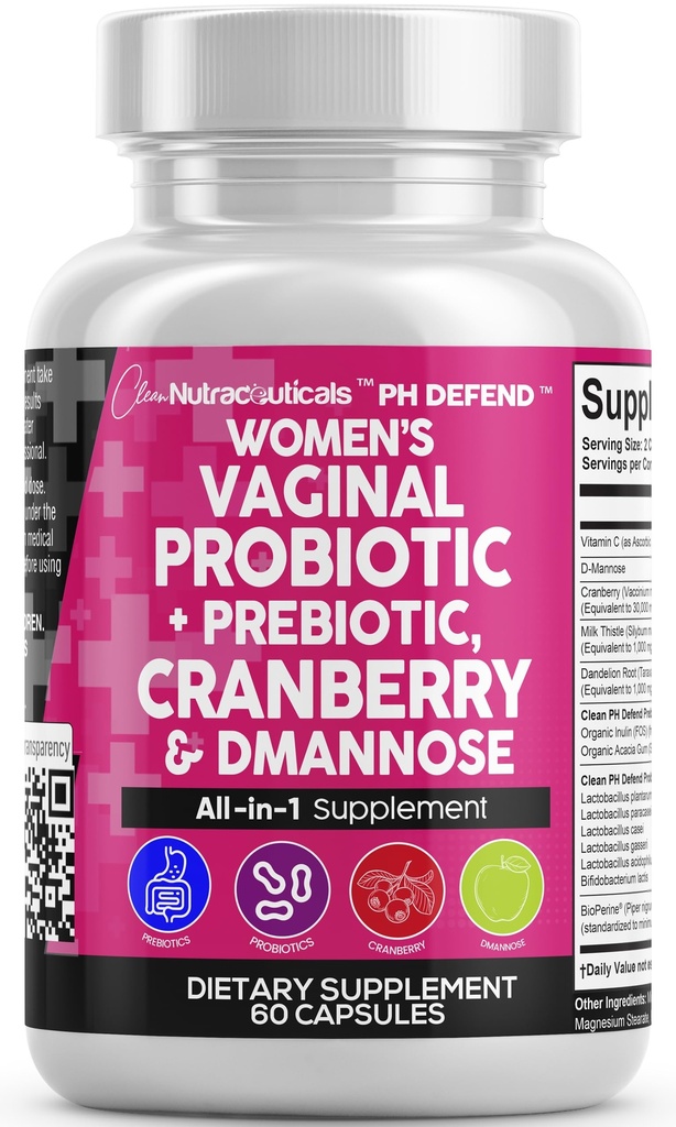 Clean Nutraceuticals Vaginal Progecs for Women with Cranberry, D- Mannose, Pregities, PH Saldo Dukungan, Kesehatan Feminin, Pembersih Lap - Capsule Alternatif ke Gummies - 60 Count