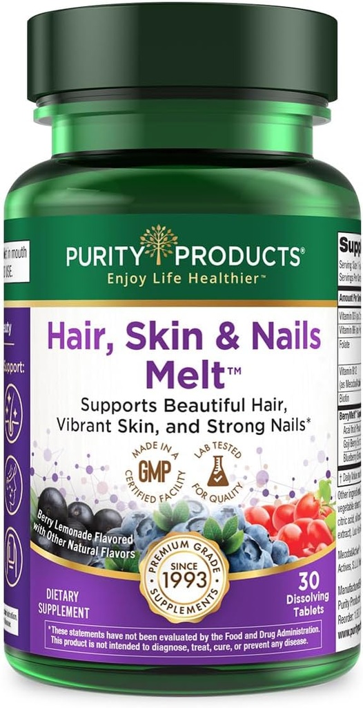Rambut Kesucian, Skin + Nails Melt 1000mcg B-12 + 2500mcg Biotin Energy Berry Pelelet - Delicious Berry Lemonade Flavor w / Super Fruits - B12 Methylcobalamin - 30 Melting Tablet