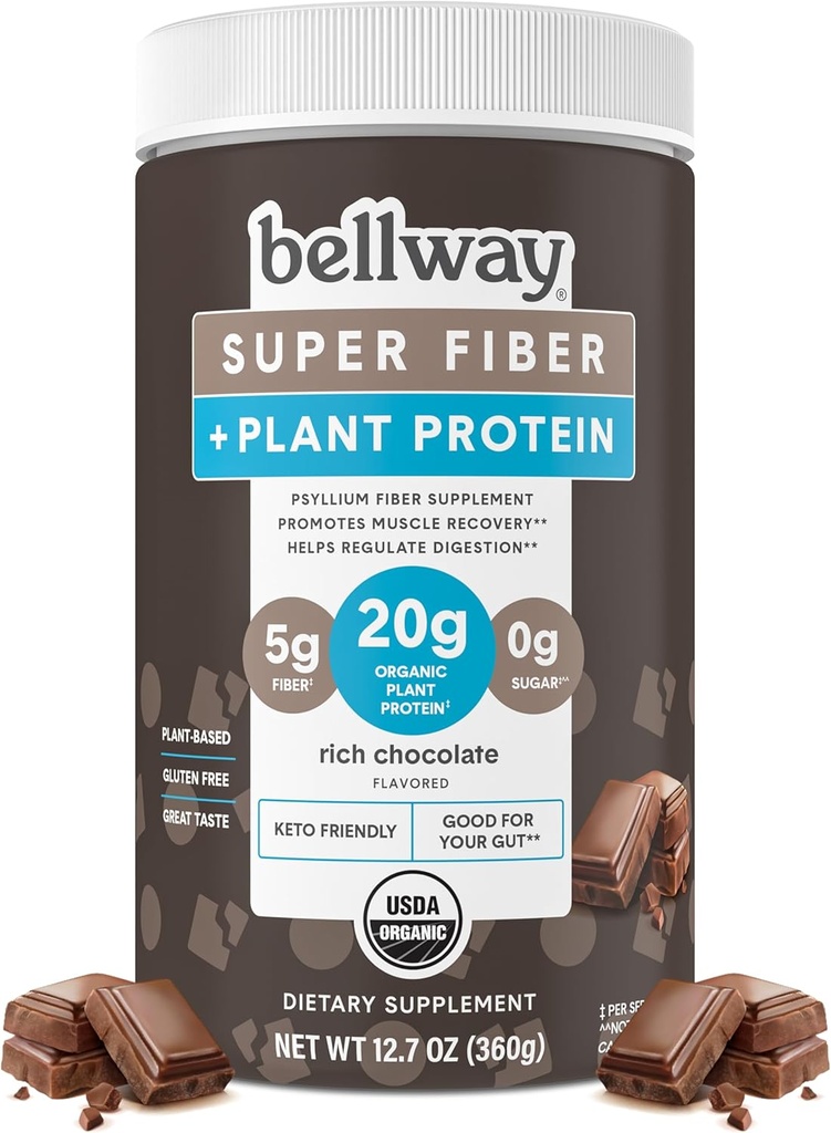 Bellway Super Fiber + Protein Powder, Sugar- Free Organic Psyllium Husk Fiber Powder dengan 20g Plant Protein Per Serving, Coklat Kaya, 12.7 oz