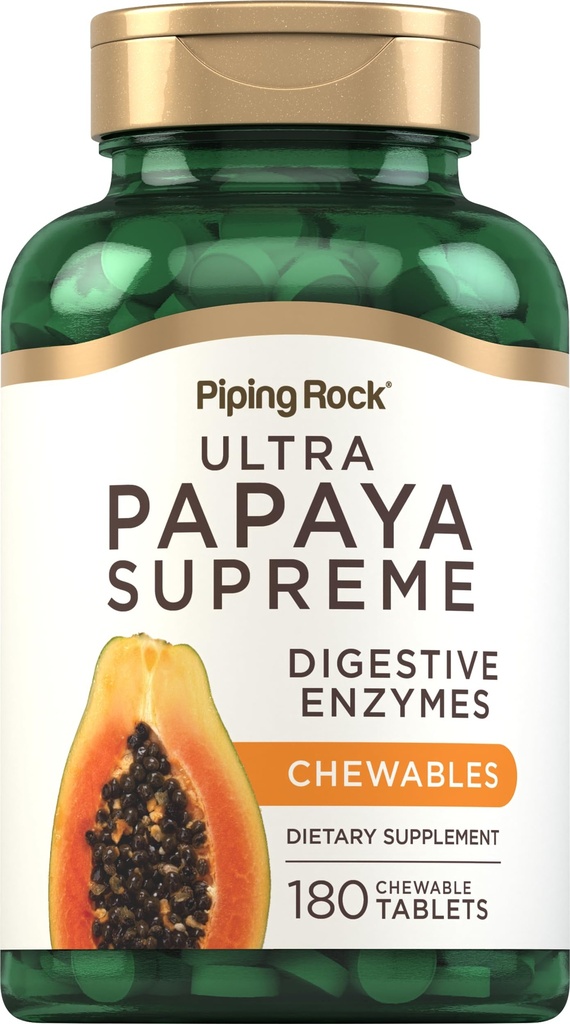 Piping Rock Papaya Digetical Enzymes Chewables 124; 180 Tablets 124; Suplemen Perempuan dan Pria: Tropical Flavor 124; Vegetarian, Non- GMO, Gluten Free Formula