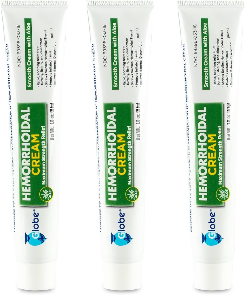 Globe (3 Pack) Heembehoid Cream, Relief with Aloe, (1.8 Ounce Tube) Relief from Hebrihoids, Piles, Itching, Burning, Discomfort, & More