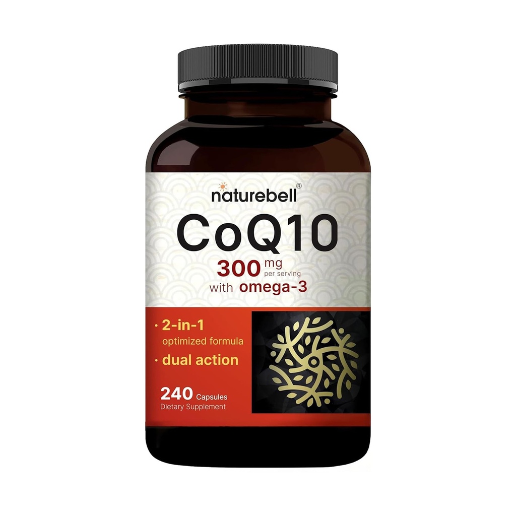 NatureBell CoQ10 300mg dengan Omega 3, 240 Capsules - 120 Hari Supply 124; Bentuk Absorpsi Tinggi Stabil - Dukungan Antiokidant untuk Kesehatan Hati & Energi - Coenzim Ko10 Ekstra