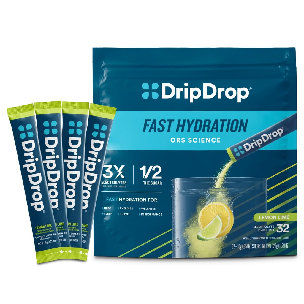 Paket Hidration DripDrop - Lemon Lime - Single Serve Electrolytes Powder Minum Mix - Non-GMO, Gluten Free, Vegan - 32 Tongkat