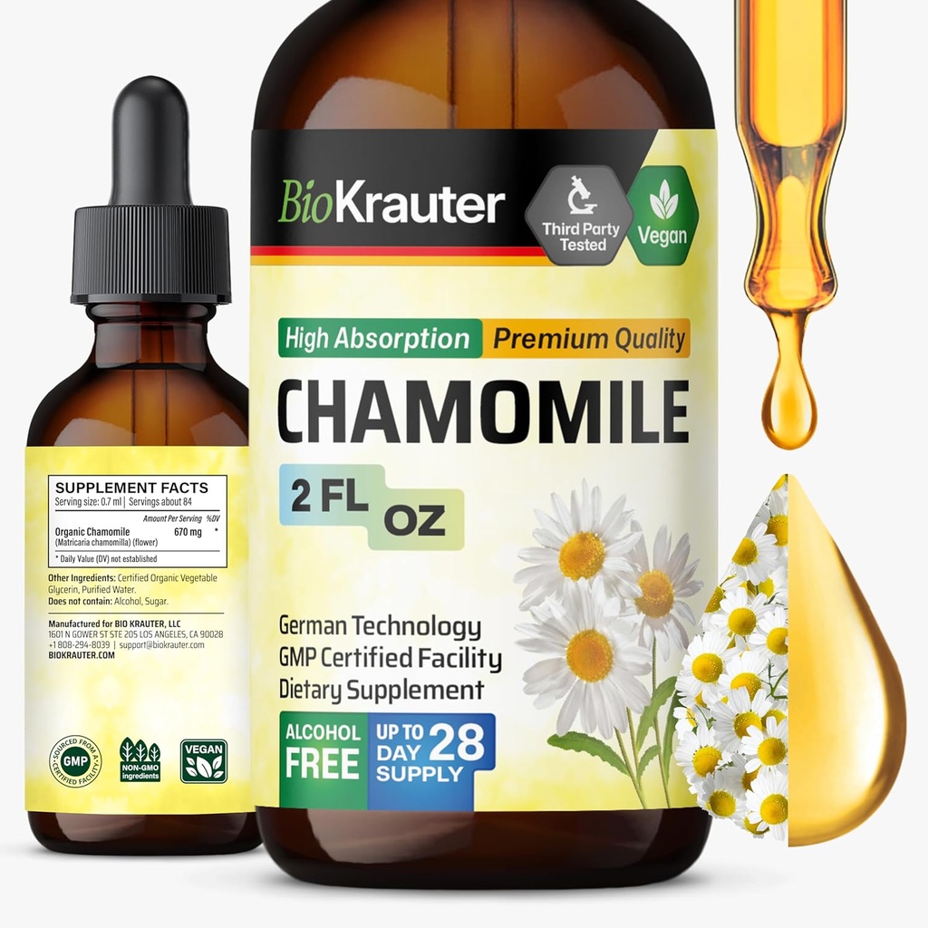 BIO KRAUTER Chamomile Flowers Tincture - Chamomile Extract - mengandung Apigenin - Suplemen untuk Relaxation and Calstice Dupport - Alkohol dan Gula Free - Vegan Drops 2 Fl.Oz.