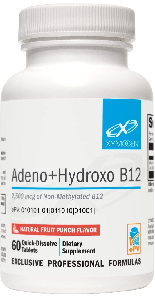 XYMOGEN Adeno + Hydroxo B12 - Non- Methoylated (2.500mcg) - Dissolve B12 Lozenges dengan Adenosylcobalamin B12 + Hydroxobalamin - Dukungan kognitif, Fruit Flavor (60 tablet)