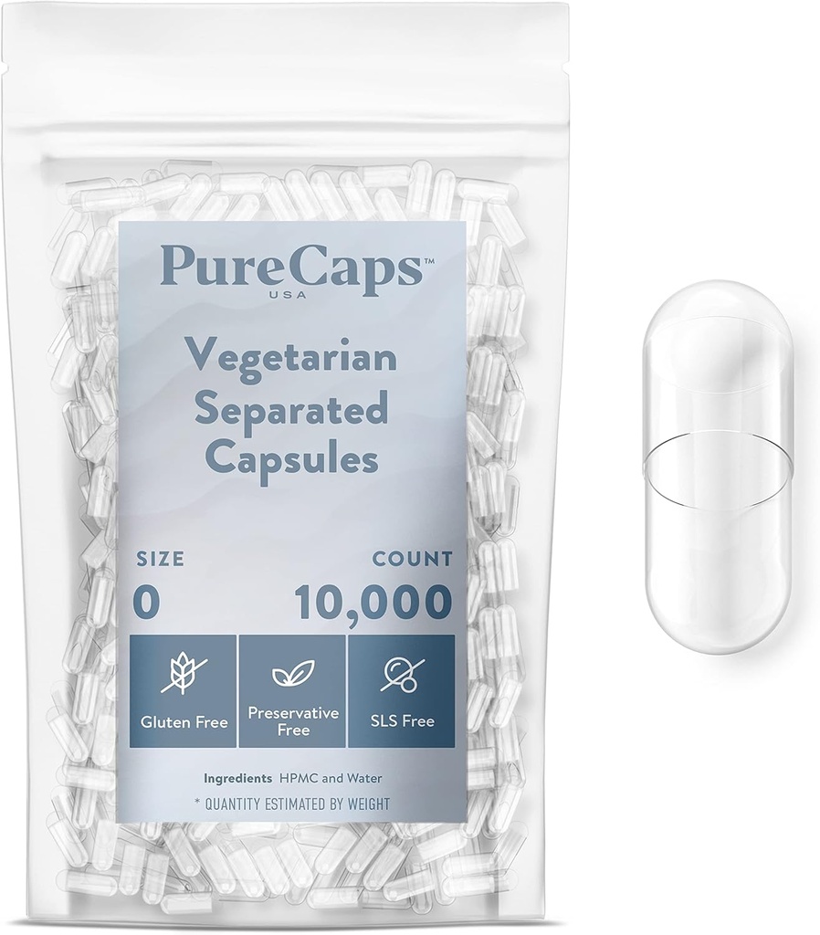 PureCaps USA- Kosong Vegetarian Vegan Pill Capsules Ukuran 0 14; 10.000 Pill Terpisah 124; Hapus 124; Non-GMO Disertifikasi 124; SLS, Gluten, Preservative Free