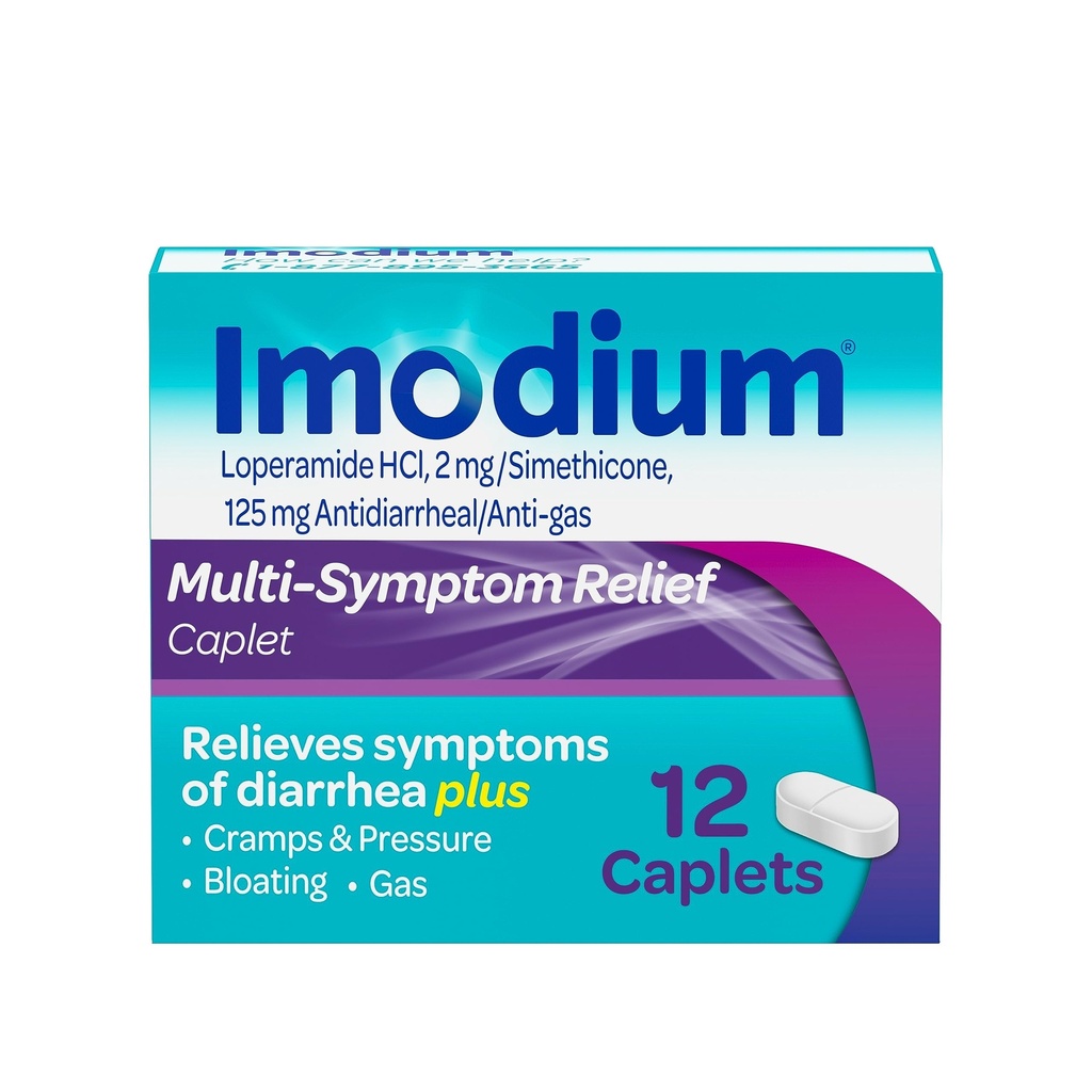 Imodium Multi- Symptom Relief Caplets, Loperamide Hydrochloride & Simeticon Antial Diarrheal untuk Relief of Diare, Gas, Bloting, Crass & Pressure, HSA / FSA Elisable, 12 ct