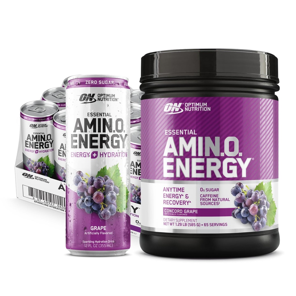 Optimum Nutrition Amino Energy Powder: Concord Grape (65 Pelayan) dengan Estibe Amino Energy Plus Electrolyes Sparkling Drink: Grape (12 Cans) - Bundle Pack