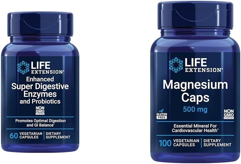 Ekstensi Hidup 60 Vegetarian Capsules Enzymes Super Digat dan 100 Magnesium Capsules for Heart, Bone, Metabolisme Dukungan