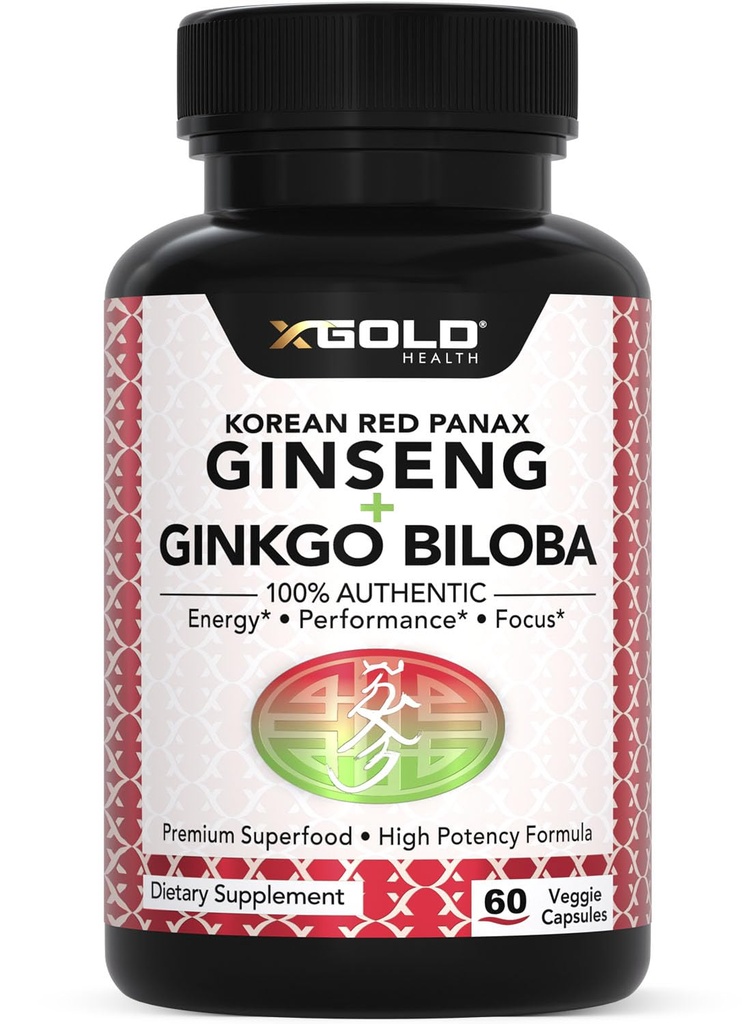 Red Panax Ginseng 1200 mg + Ginkgo Biloba - Extra Power Root Extract Powlement w / High Ginsenosides Vegan Capsules for Energy, Performance & Focus