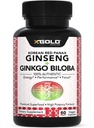 Red Panax Ginseng 1200 mg + Ginkgo Biloba - Extra Power Root Extract Powlement w / High Ginsenosides Vegan Capsules for Energy, Performance & Focus
