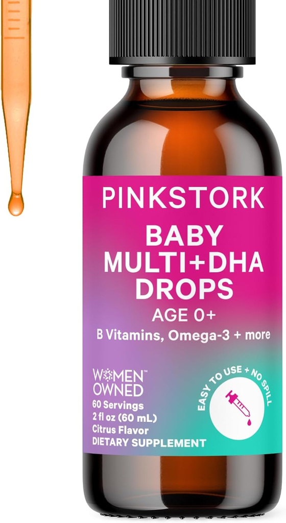 Pink Stork Baby Liquid Multivitamin Drops, Baby & Toddler Vitamin Drops with DHA, Vitamin C, D, B12 and Choline to support Brain Health and Imune Proction - 2 flame oz, 2 Month Suppply
