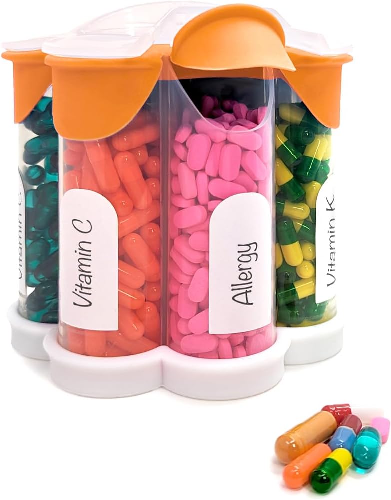 Extra Large Pill Organizer Daily, Weekly, Monthly Suplement Bottle, Cute Blossom Pill Discenser dengan 7 XL Kompartemen, Easy- Open Pill Box for Vitamin, Medications, Label disertakan (Orange)