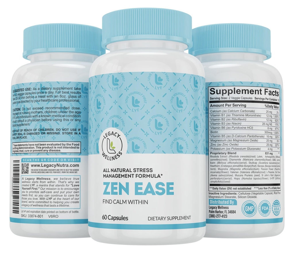 Legacy Wellness Zen Ease Caly Mind Suplement - Natural Vegan Formula - 5- HTP, Ashwagandha, St. John 's Welt, L-Theanine, Magnesium, B-Vitamin