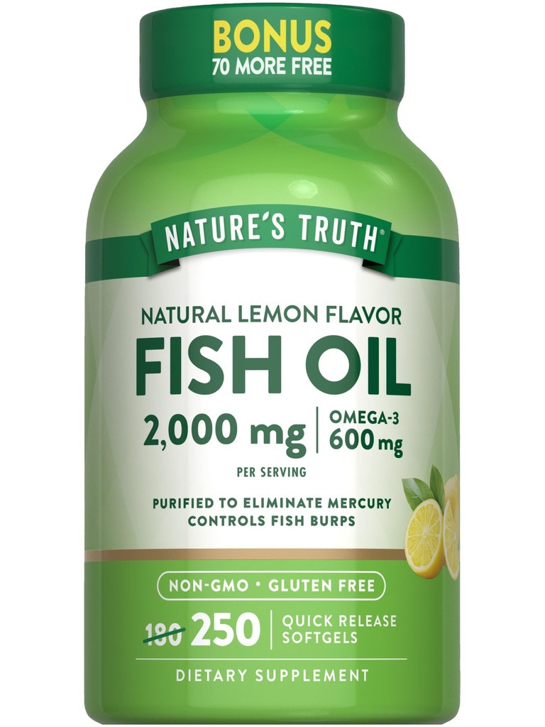 Nature 's Truth Fish Oil 2000 mg 124; 600 mg Omega 3 = 124; 250 Softgels = 124; Natural Lemon Flavor = 124; Non- GMO dan Gluten Free Suplemen